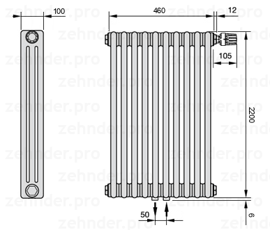 Схема (чертеж) Радиатор Zehnder Charleston 3220/10 №V008 Белый глянцевый RAL 9016